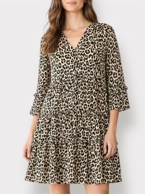 Vero Moda Tiered Ruffle Leopard Print Dress Black, Cream & Brown Size Medium